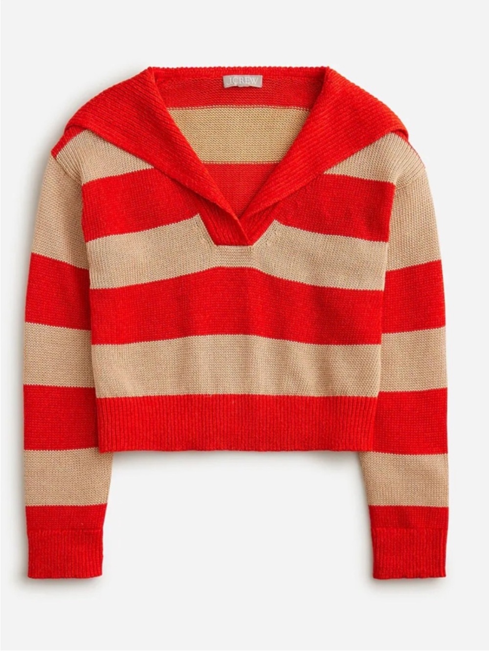 J. Crew Red and Tan Striped V‑Neck Cropped Sweater